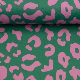 Kostenloser Rückversand Grün Pinkes Happy Leo Kunstleder – Cherry Picking Lederimitat Leopardenmuster Meterware