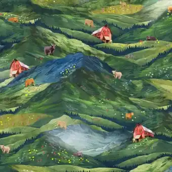 Schottisches Hochlandrind & grüne Berge – Scottish Highland Hooves – Pasture Little Hoof Hills by Whistler Studios – Windham Fabrics Patchworkstoff Kostenloser Rückversand