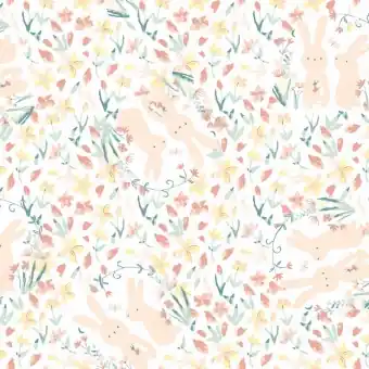 Häschenstoff – Kaninchen & Hasen auf der Blümchenwiese – Sunny Bunny & Flowers Osterstoff Preiswert