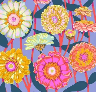 Glow Zinnia Show – Jumpstart Blumenstoff · Anna Maria Textiles Designerstoff Neue Ware