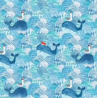 Super-Preis Out To Sea – Aquarell – Wale & Meereswelt in Blau von Northcott Fabrics