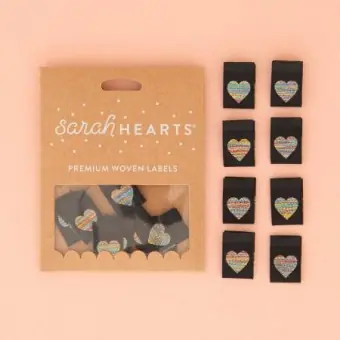 Metallic Rainbow Heart Woven Labels – Sarah Hearts Webetiketten – Premium Woven Labels – Tied with a Ribbon Limited Edition Im Trend