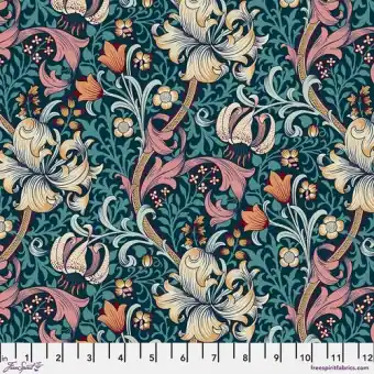 Teal Golden Lily Baumwollstoff – Original William Morris & Company Lizenzstoff – Free Spirit Fabrics Leicester Patchworkstoffe Handgefertigt