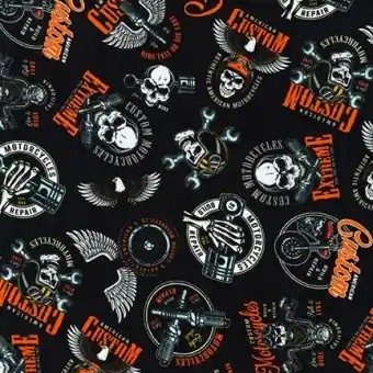 Sofort Bestellen Motorradstoff – Black On the Ride Bikers Motorcycles Motivstoff – Robert Kaufman Patchworkstoffe