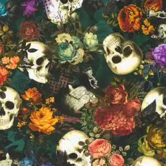 Original Totenköpfe mit Blumen & Blüten – Dreadful Delights Skulls & Roses – Totenkopfstoff von Robert Kaufman