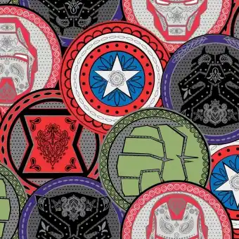 Neu Im Sortiment Marvel’s Avengers Shields Comicstoff / Superheldenstoff mit Thor, Iron Man, Hulk & mehr