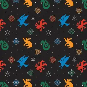 Neue Ware Harry Potter Lizenzstoff „Snowflake Houses“ – Hogwarts Motivstoff Meterware mit Ron Weasly, Hermione Granger, Dumbledore uvm. – Wizarding World J.K. Rowling’s Collection Motivstoff