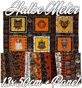 Neue Ware HALBE METER! 13x 50cm + PANEL – Club Hauer Costumes & Cobwebs Halloween Designerstoff – Free Spirit Motivstoff