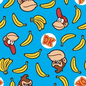 Handgefertigt Donkey Kong Motivstoff – Nintendo Lizenzstoff – Patchworkstoff mit Diddi Kong & Bananen