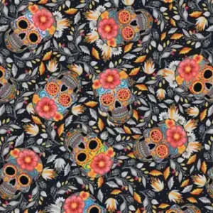 Calavera Designerstoff mit Sugar Skulls - Totenkopfstoff / Halloweenstoff Highlight