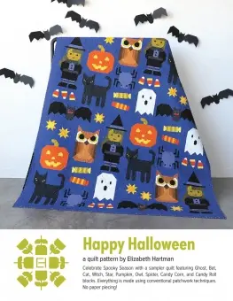 Abverkauf Happy Halloween Pattern by Elizabeth Hartman – Patchworkdecke Schnittmuster mit Hexe, Katzen, Kürbis, Fledermaus, Spinne …