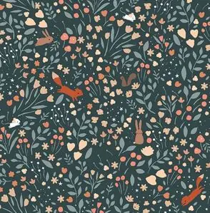 Großhandel Grüner Waldtierstoff – Country Mouse Carbon Woodland Frolic Blümchenstoff – Dear Stella Patchworkstoffe
