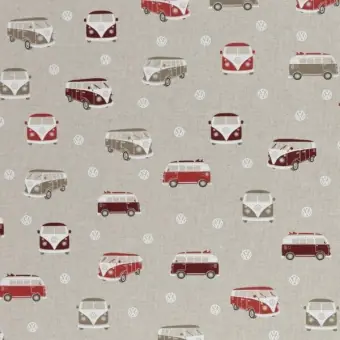 Rote VW-Bullis Camper & Surfer – Leinenoptik Canvas Meterware Emilio – Swafing Dekostoff – Original Volkaswagen Lizenzstoff Kostenloser Versand