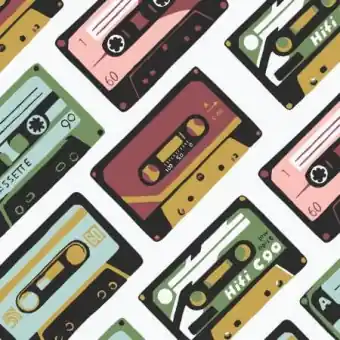 Mengenrabatt CANVAS! Retro-Musikkassetten Motivstoff – Music Cassette Tapes by Ophelia Pang – Cloud 9 Fabrics