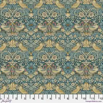 Saisonangebot Teal Mini Strawberry Thief Vintage Baumwollstoff – Original William Morris & Company Lizenzstoff – Free Spirit Fabrics Kelmscott Patchworkstoffe