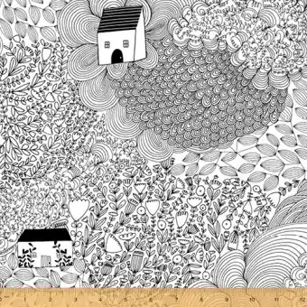 Schwarz-Weißer „Home sweet Home“ Motivstoff – Häuschen by Virginia Kraljevic – Windham Fabrics Patchworkstoffe Exklusiv