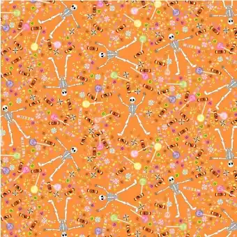 Skelett mit Süßigkeiten – Mr. Bones Sews Halloweenstoffe – Figo Fabrics Motivstoff Highlight