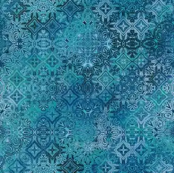 Stonehenge – Blaues Mosaik Mandala mit mystischen Ornamenten in Türkis – Northcott Fabrics Markenprodukt