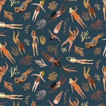 Heißes Angebot Frauen im Badeanzug & Korallen – Maritimer Motivstoff – Dear Stella Moonlight Night Swim Collection Patchworkstoffe