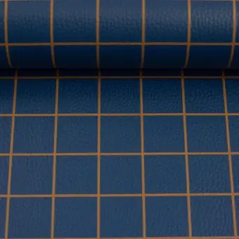 Expressversand Dunkelblau Ocker Happy Karos Kunstleder – Cherry Picking Lederimitat Karomuster Meterware
