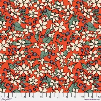 Markenprodukt Vermillion Flowers & Berries – Rachel Hauer Birds of Feather Vogelstoff – Free Spirit Motivstoff