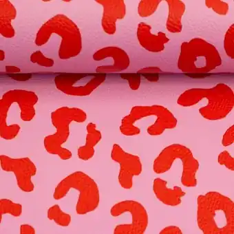 Super-Preis Rosa Rotes Happy Leo Kunstleder – Cherry Picking Lederimitat Leopardenmuster Meterware