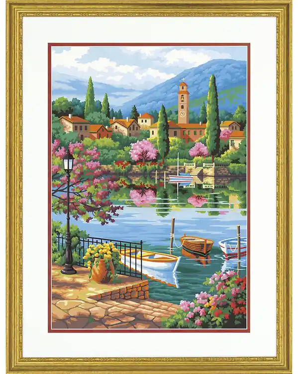 Paint by numbers Village lake afternoon Schneller Versand