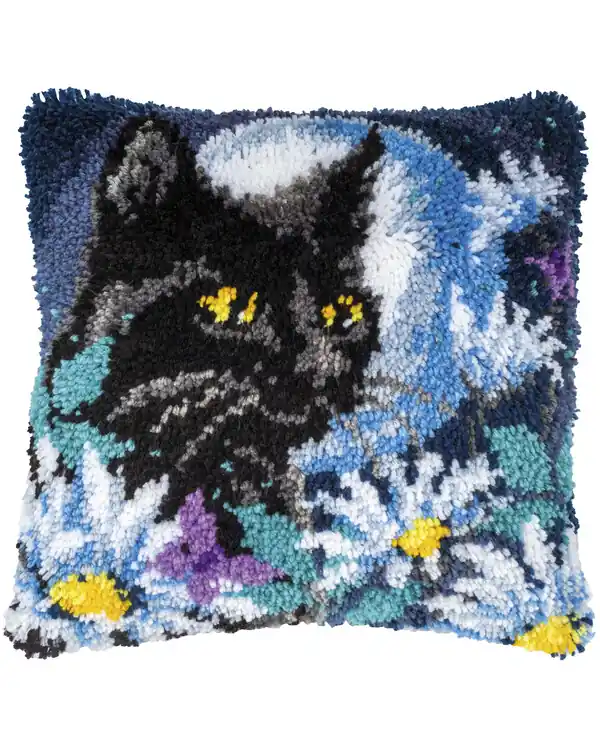 Im Trend Stickpackung Knüpfkissen Katze in der Nacht