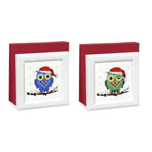 Stickerei Eulen mit Weihnachtsmützen 2-er Pack für Serviettenhalter Exklusiv