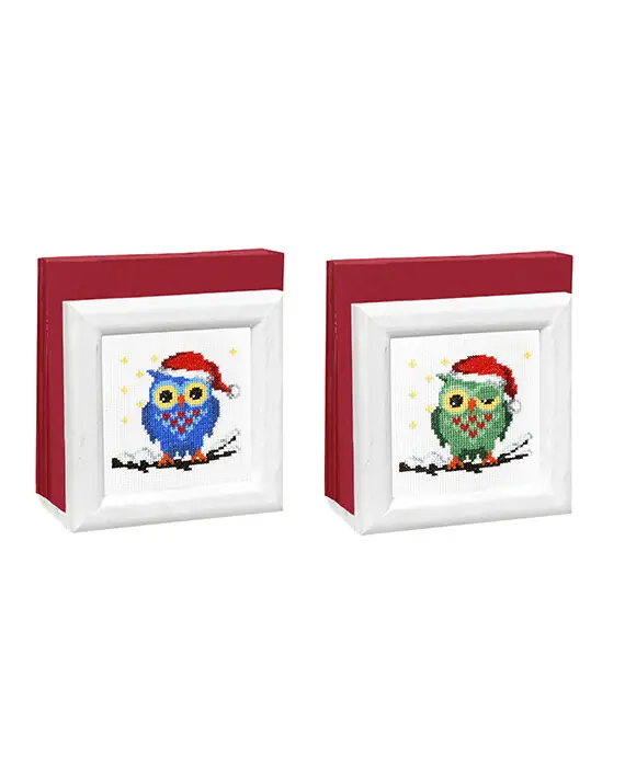 Stickerei Eulen mit Weihnachtsmützen 2-er Pack für Serviettenhalter Exklusiv