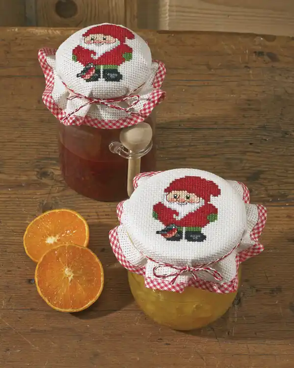 Stickpackung Marmeladenglasabdeckungen Weihnachtswichtel und Dompfaff 2-er Pack Geprüft