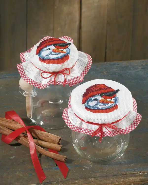 Aktuell Stickpackung Marmeladenglasabdeckung Schneemann und Dompfaff 2-er Pack