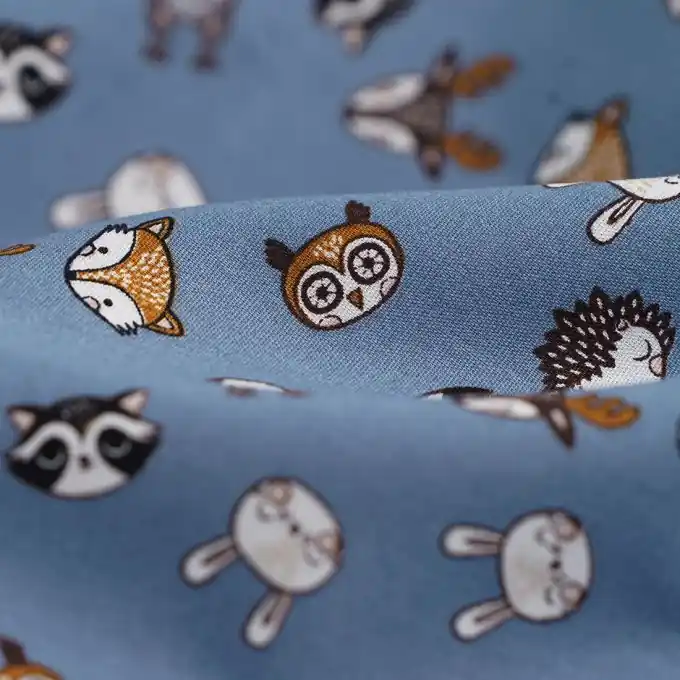 Handgefertigt Popeline Baumwolle Waldtiere Blau