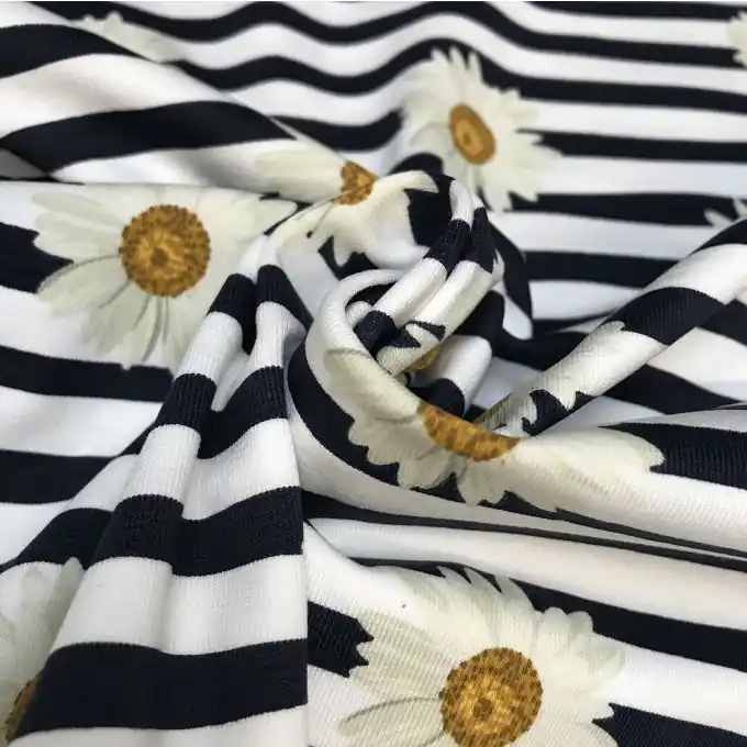 Baumwolljersey Streifen Gänseblümchen Blau/Weiß Direktkauf