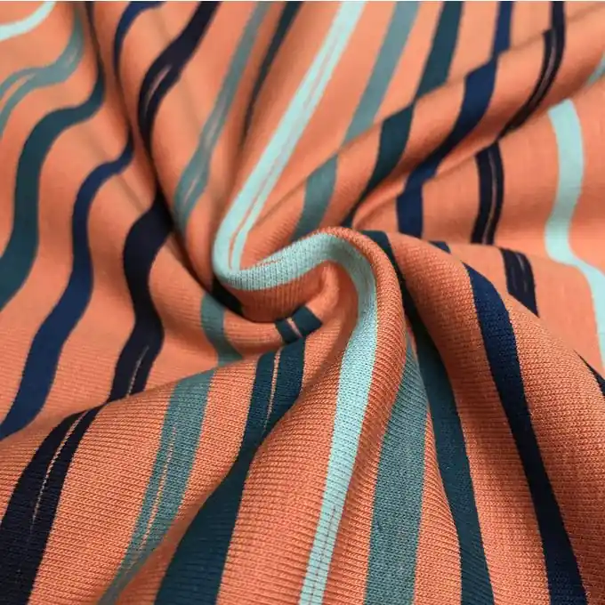 Sweatshirtstoff Baumwolle orange mit blauen Streifen Ab Werk