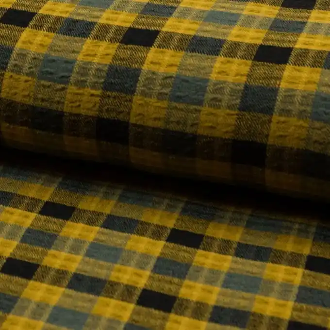 Preisreduziert Kreppstoff Karos Schwarz/Senfgelb