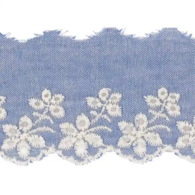 Broderie Anglaise Blumen Ecru Denim Blau 60mm Beliebt