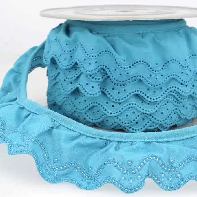 Geraffte Broderie Anglaise Wellen Blau 46mm Billig