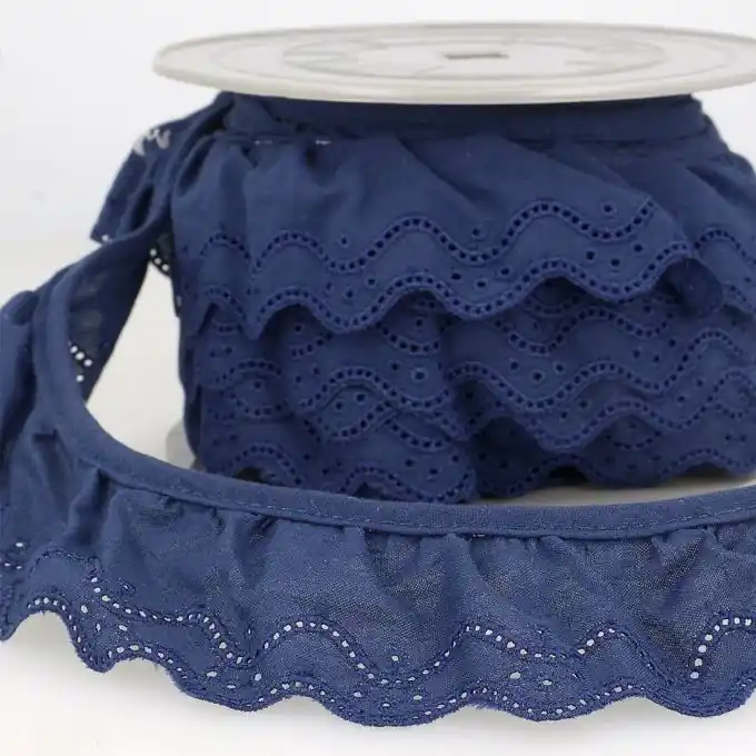 Geraffte Broderie Anglaise Wellen Marineblau 46mm Top-Seller
