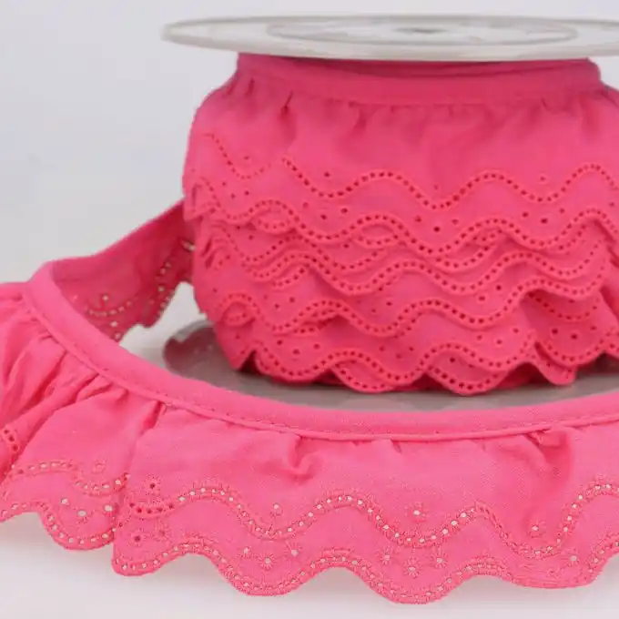 Großhandel Geraffte Broderie Anglaise Wellen Pink 46mm