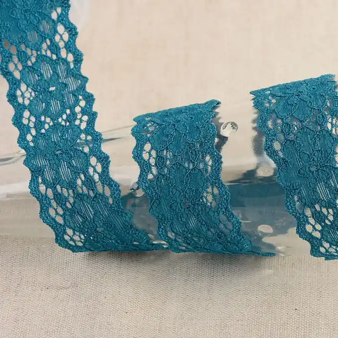 Neuheit Spitzenband elastisch Blumen 25mm Entenblau