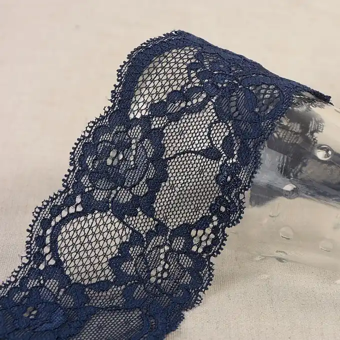 Rabatt Elastisches Spitzenband Blumen 60mm Marineblau
