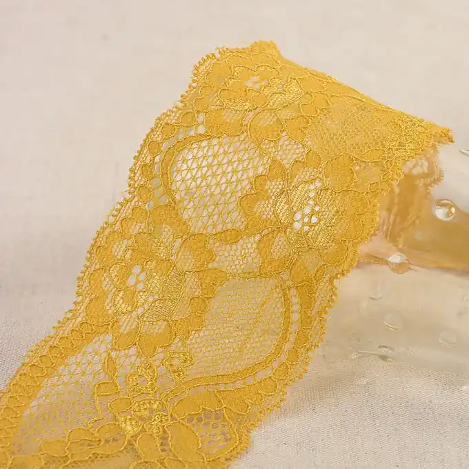 Angebot Spitzenband elastisch Blumen 60mm Senfgelb