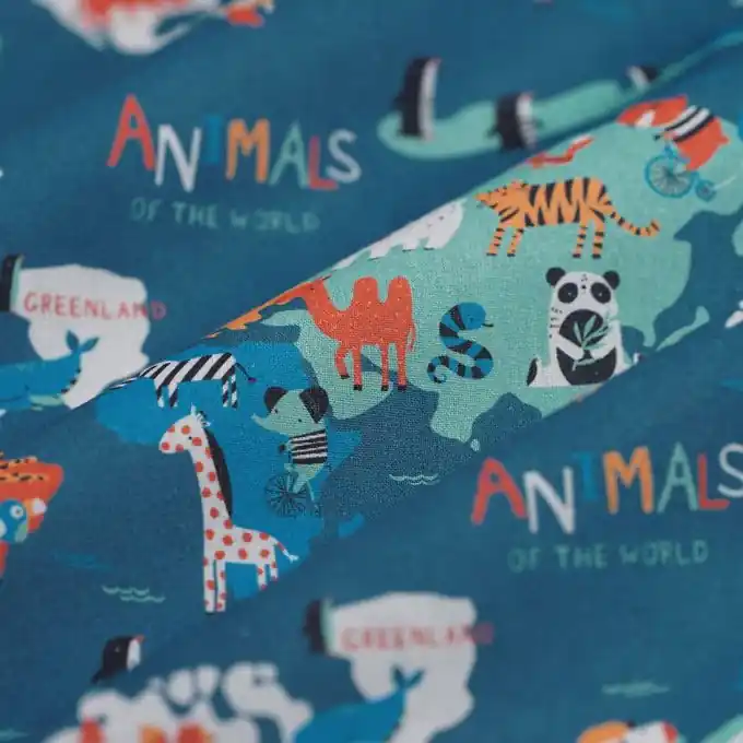 Billig Popeline Baumwolle Karte der Tiere Blau