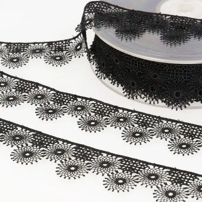 Premium Band mit Stickereien Sonne Tüll 30mm Schwarz