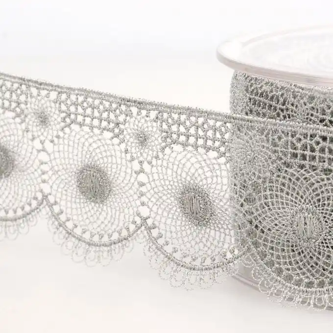 Markenware Band mit Stickereien Tüll Rund 40mm Hellgrau