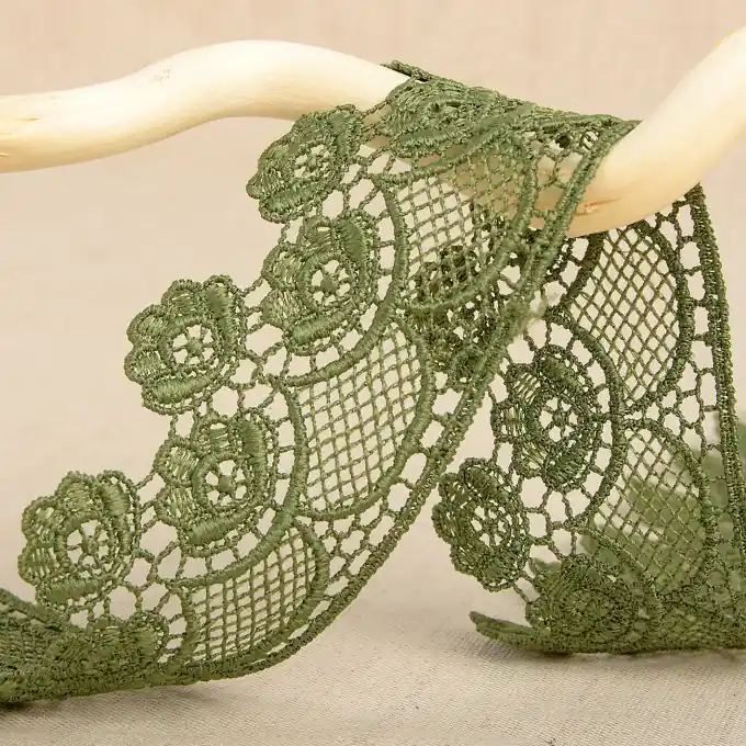 Top-Seller Guipure-Band Blumen Olivgrün 45mm
