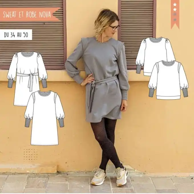 Sweatshirt-Kleid Nova: Enganliegend, geraffte Ärmel, Schulterpolster Highlight