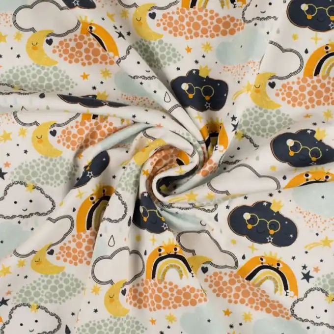 Saisonangebot Jersey Baumwolle Glitzer Wolken Orange/Blau/Grau