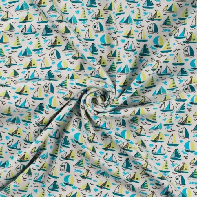 Jersey Baumwolle Segelschiffe Blau/Grün/Ecru Nur Heute
